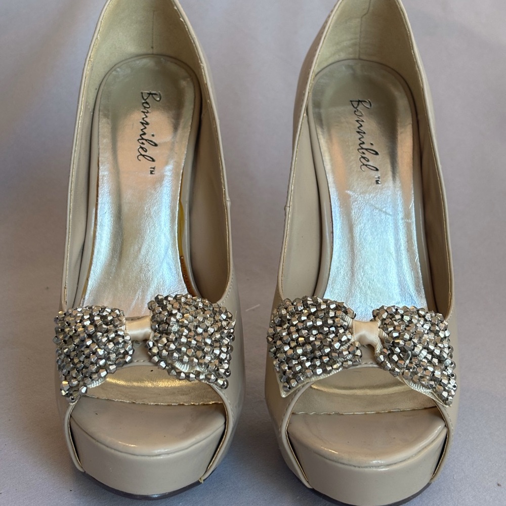 Cream Peep-Toe Platform Heels with Crystal Bow